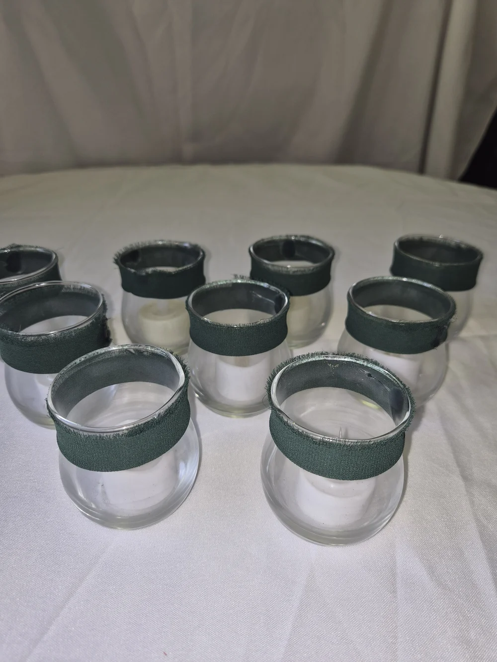 Set of Clear Glass 9 Votive Candle Holders LED green Trim